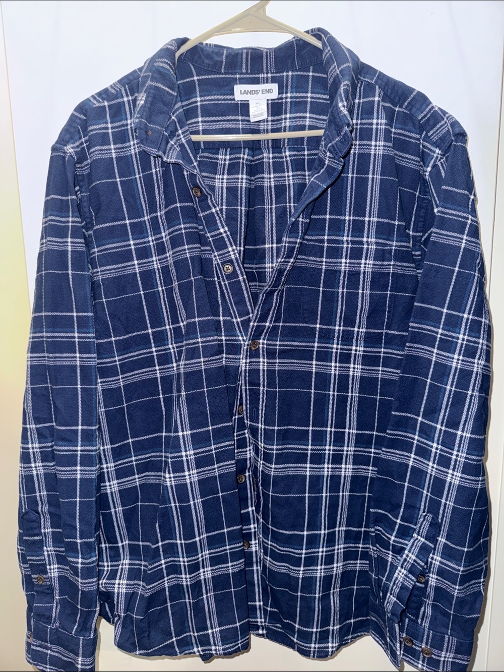 Lands' End Men’s Blue and White Plaid Button-Down Shirt
